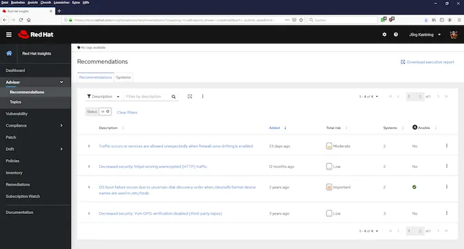 Red Hat Insights enabled recommendations