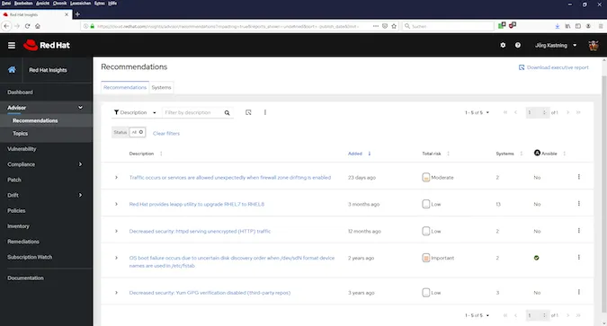 Red Hat Insights recommendations