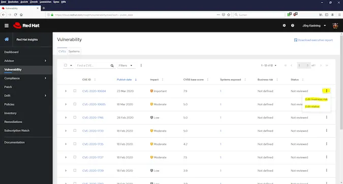 Red Had Insights vulnerability dashboard