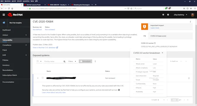 Red Had Insights vulnerability CVE view details
