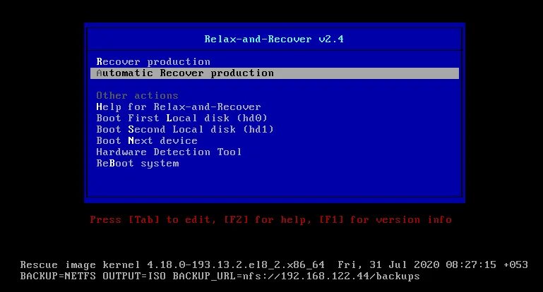 Menu to select Automatic Recover production