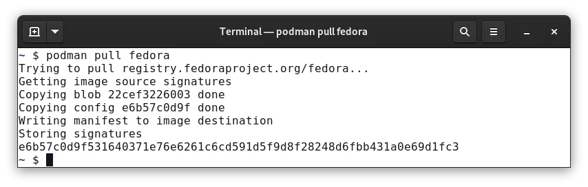 Results of "podman pull fedora" after the registry is recognized.