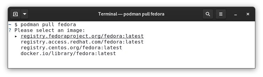 Results of "podman pull fedora" command with prompt to select an image
