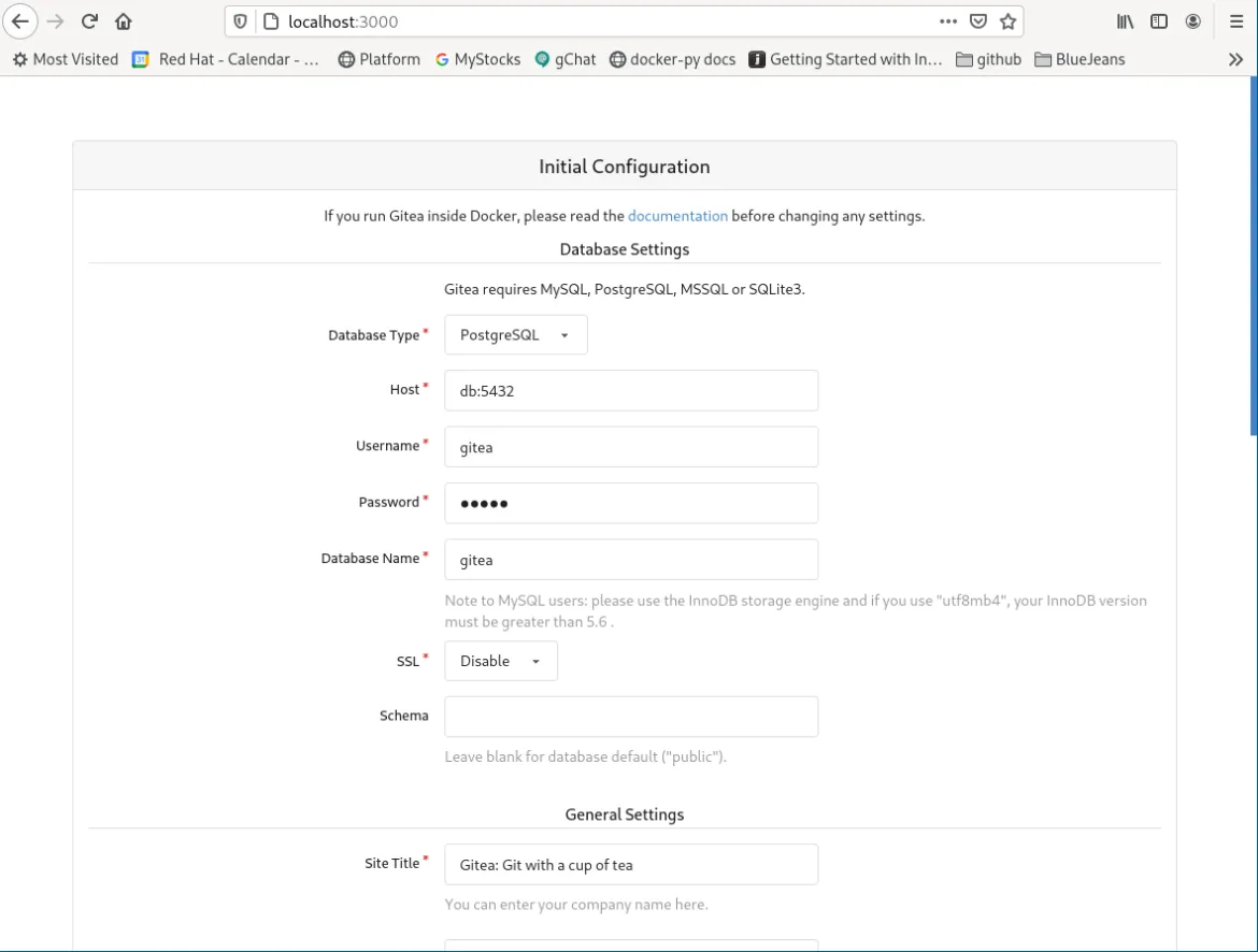 The Initial Configuration page is displayed at localhost:3000