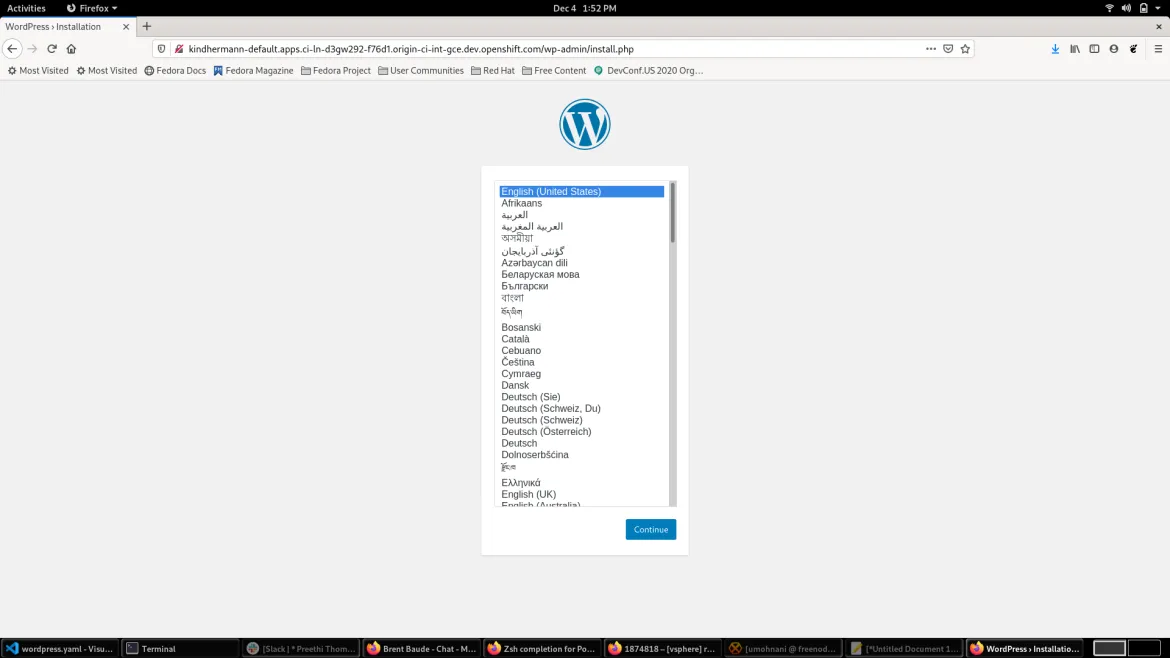 WordPress setup running in OpenShift