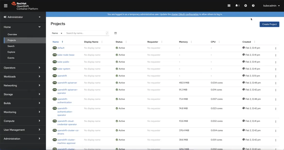 OpenShift web administration page