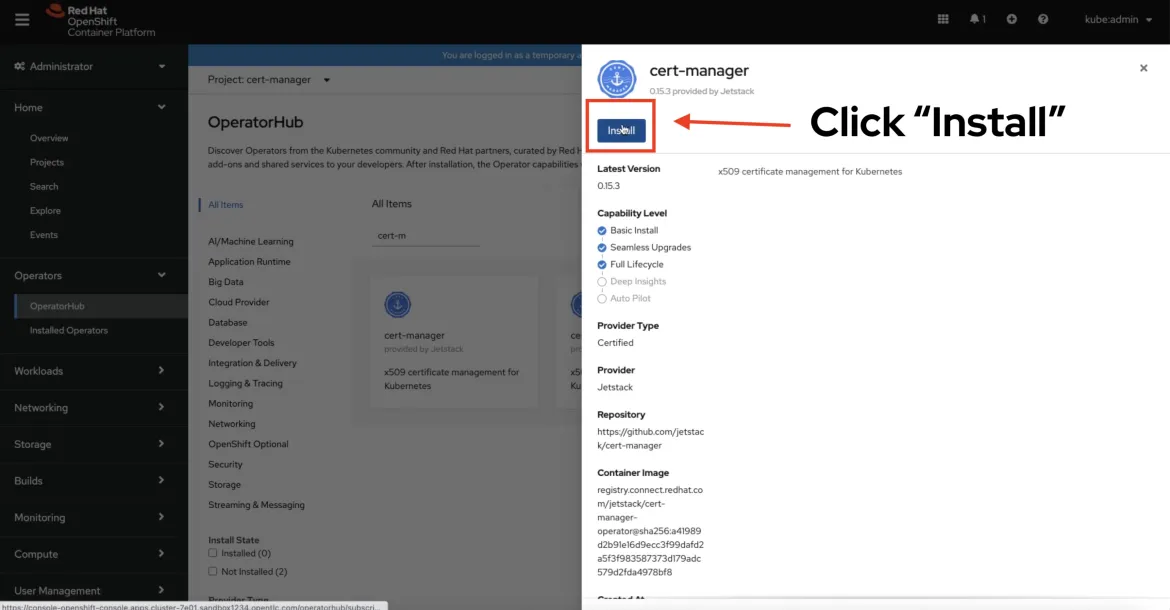 Install button in OpenShift cert-manager installation option