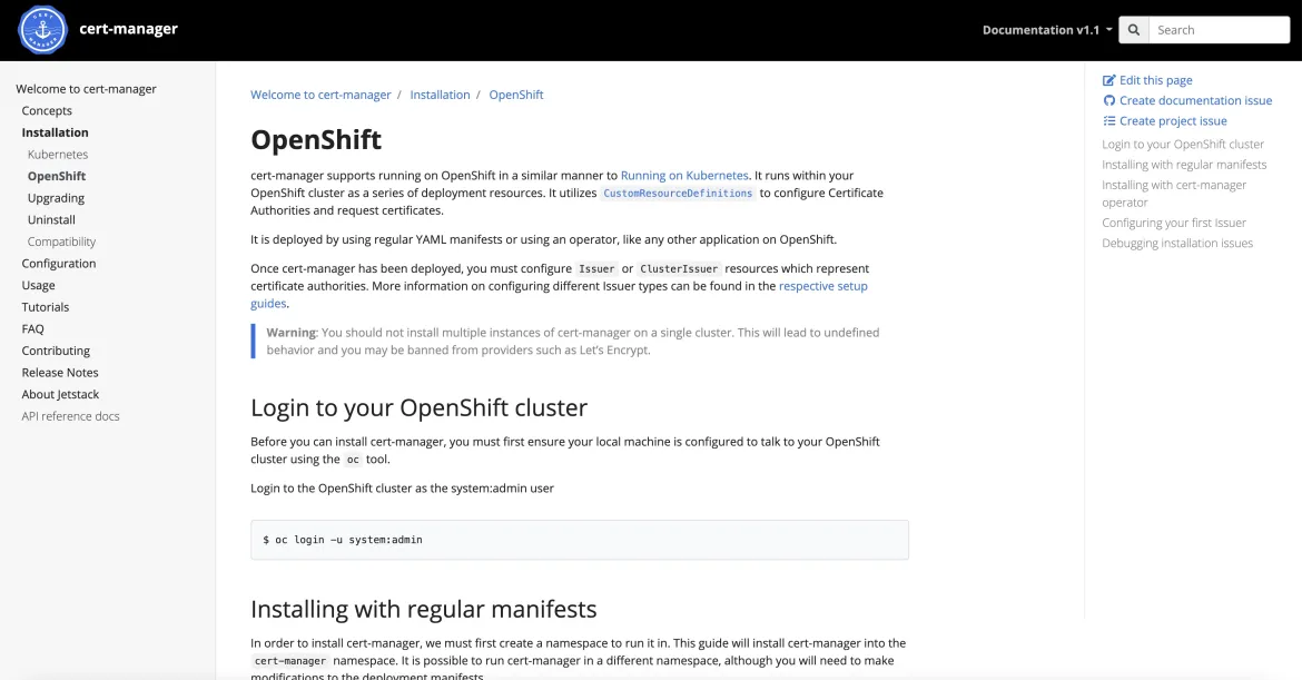 cert-manager OpenShift installation page