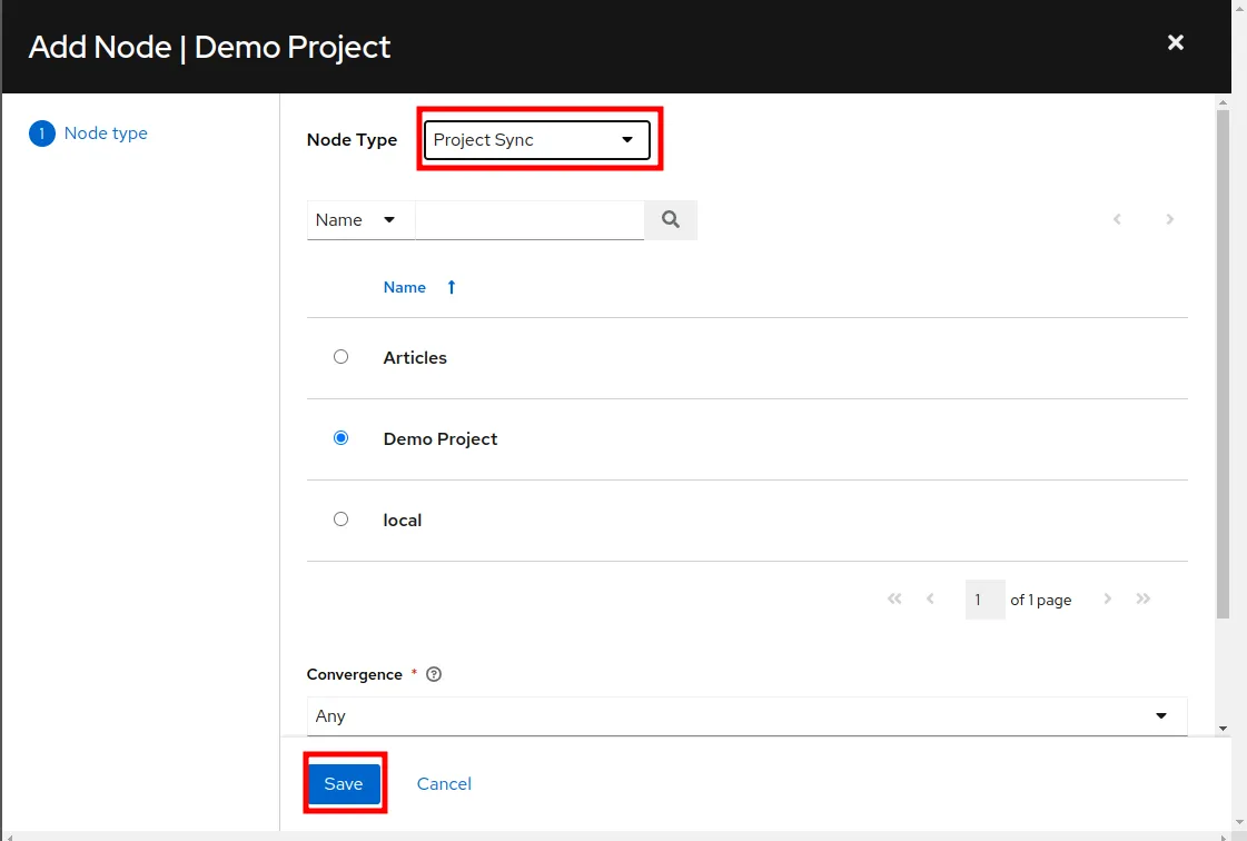 Select Node Type Project Sync