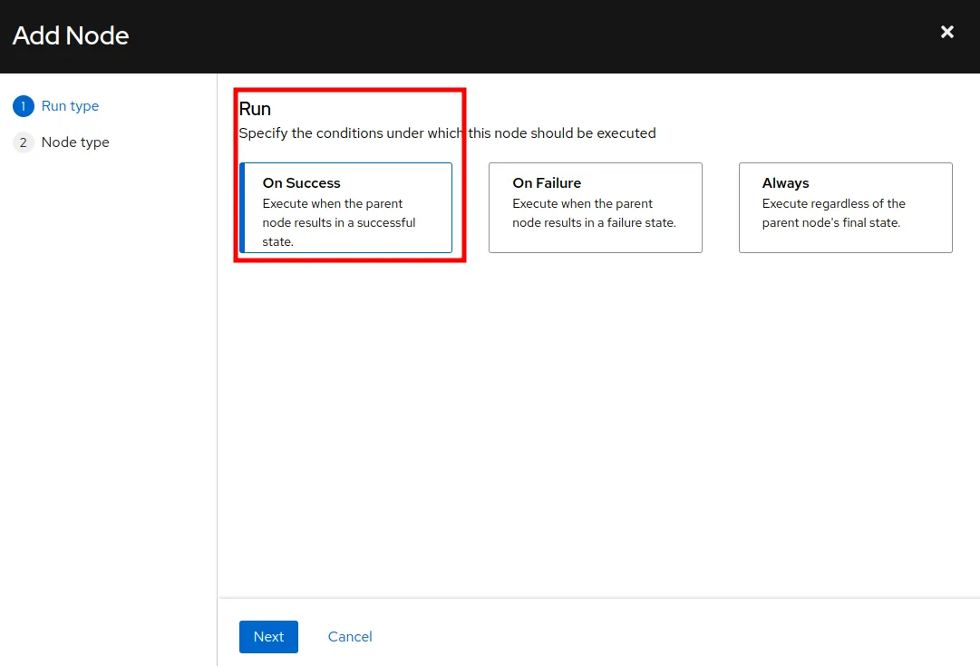 Select the Run On Success node