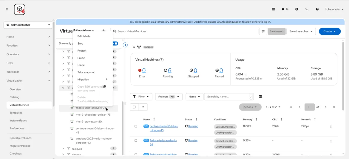 The OpenShift interface now features a tree-view of your virtual machines.