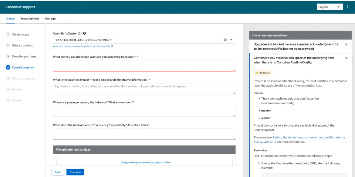 Screenshot of the Red Hat customer support request form Screenshot of the Red Hat customer support request form