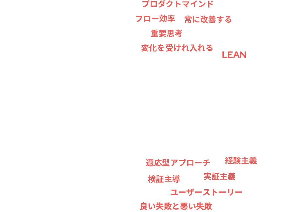 10年後:フロー効率、プロダクトマインド、変化を受けれ入れる、重要思考、LEAN、常に改善する、経験主義、実証主義、ユーザーストーリー、適応型アプローチ、良い失敗と悪い失敗、検証主導